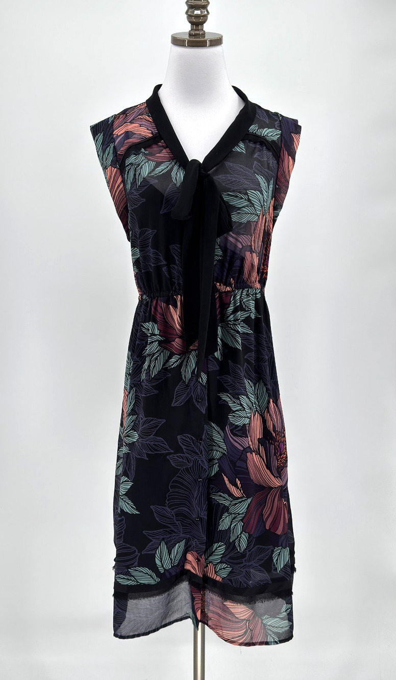 Maeve Anthropologie Brelin Black Floral Tie Neck Sleeveless Midi Dress Sz S
